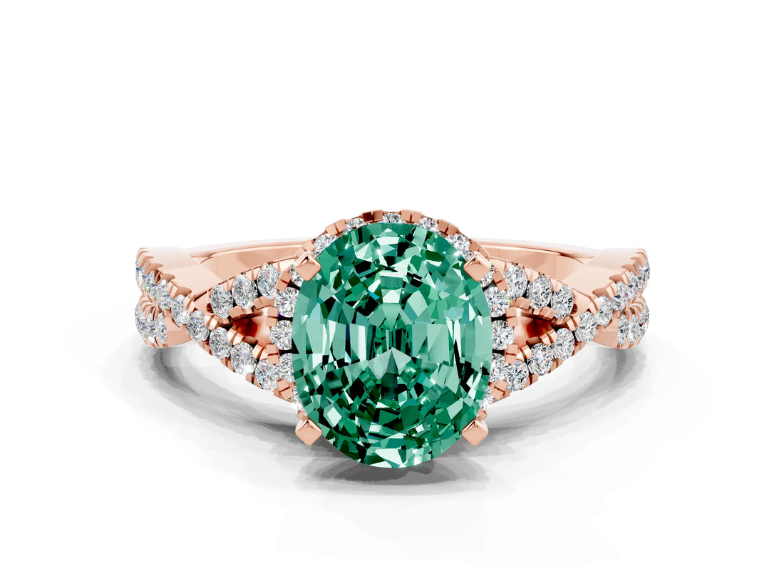 Rose gold Oval Cut Green Sapphire Halo Twist Band Solitaire Prong Setting Ring