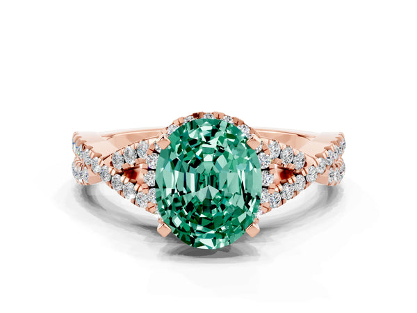 Rose gold Oval Cut Green Sapphire  Halo Twist Band Solitaire Prong Setting Ring