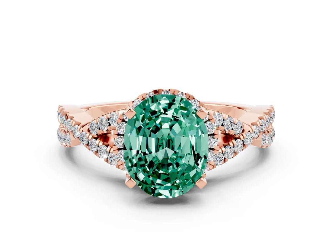 Rose gold Oval Cut Green Sapphire  Halo Twist Band Solitaire Prong Setting Ring_36