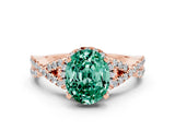 Rose gold Oval Cut Green Sapphire  Halo Twist Band Solitaire Prong Setting Ring_36