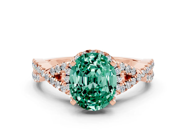 Rose gold Oval Cut Green Sapphire  Halo Twist Band Solitaire Prong Setting Ring