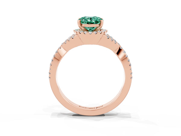 Rose gold Oval Cut Green Sapphire  Halo Twist Band Solitaire Prong Setting Ring