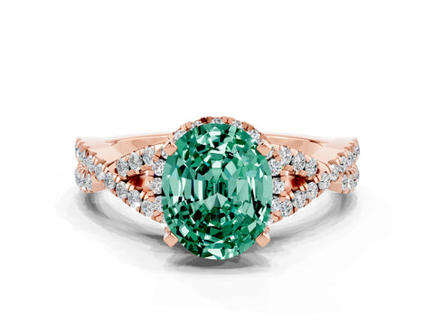 Rose gold Oval Cut Green Sapphire Halo Twist Band Solitaire Prong Setting Ring