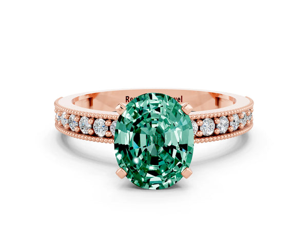 Rose gold Oval Cut Green Sapphire Milgrain Pavé Engagement Ring with Four-Prong Setting