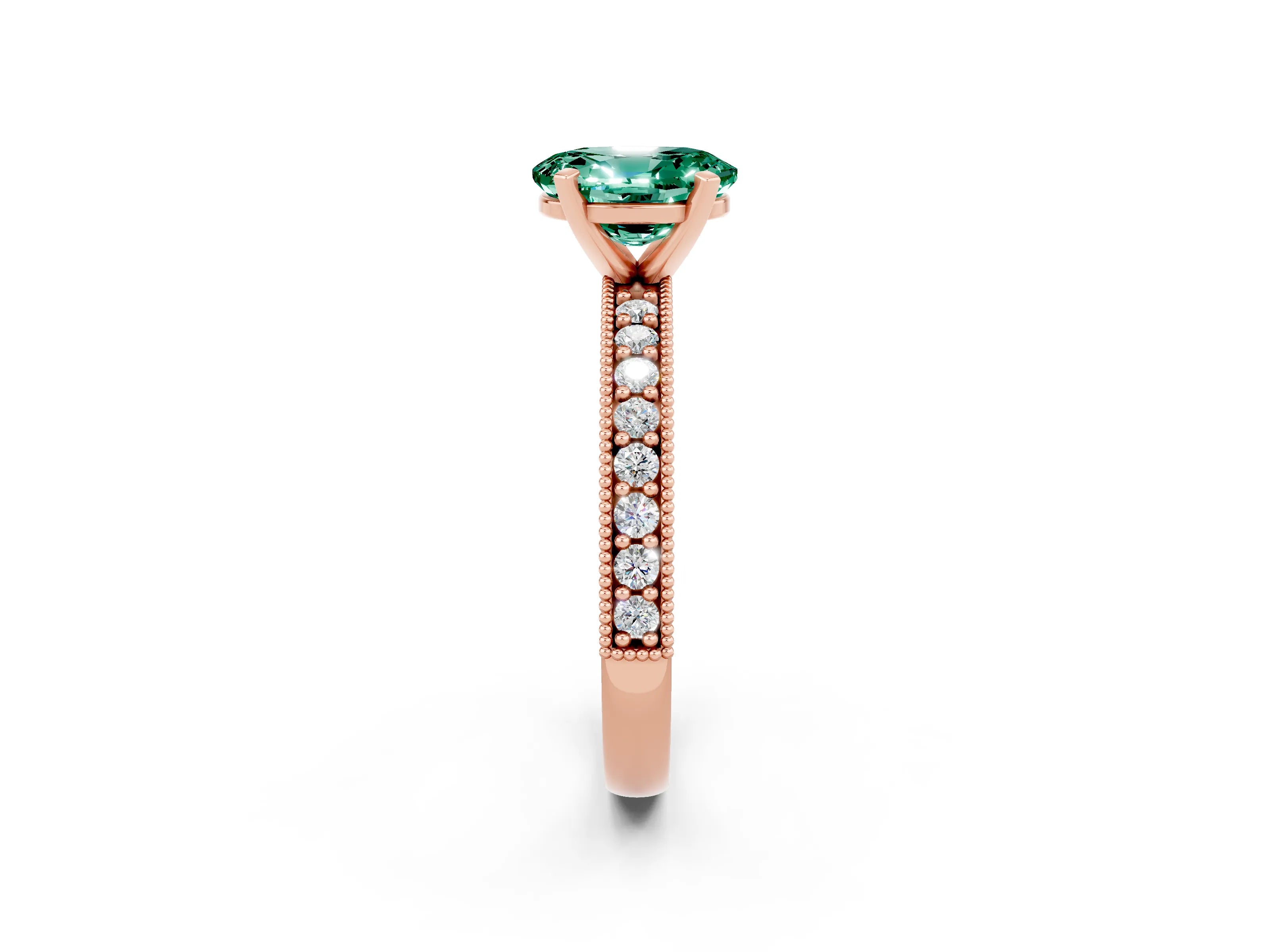Rose gold Oval Cut Green Sapphire Milgrain Pavé Engagement Ring with Four-Prong Setting_24