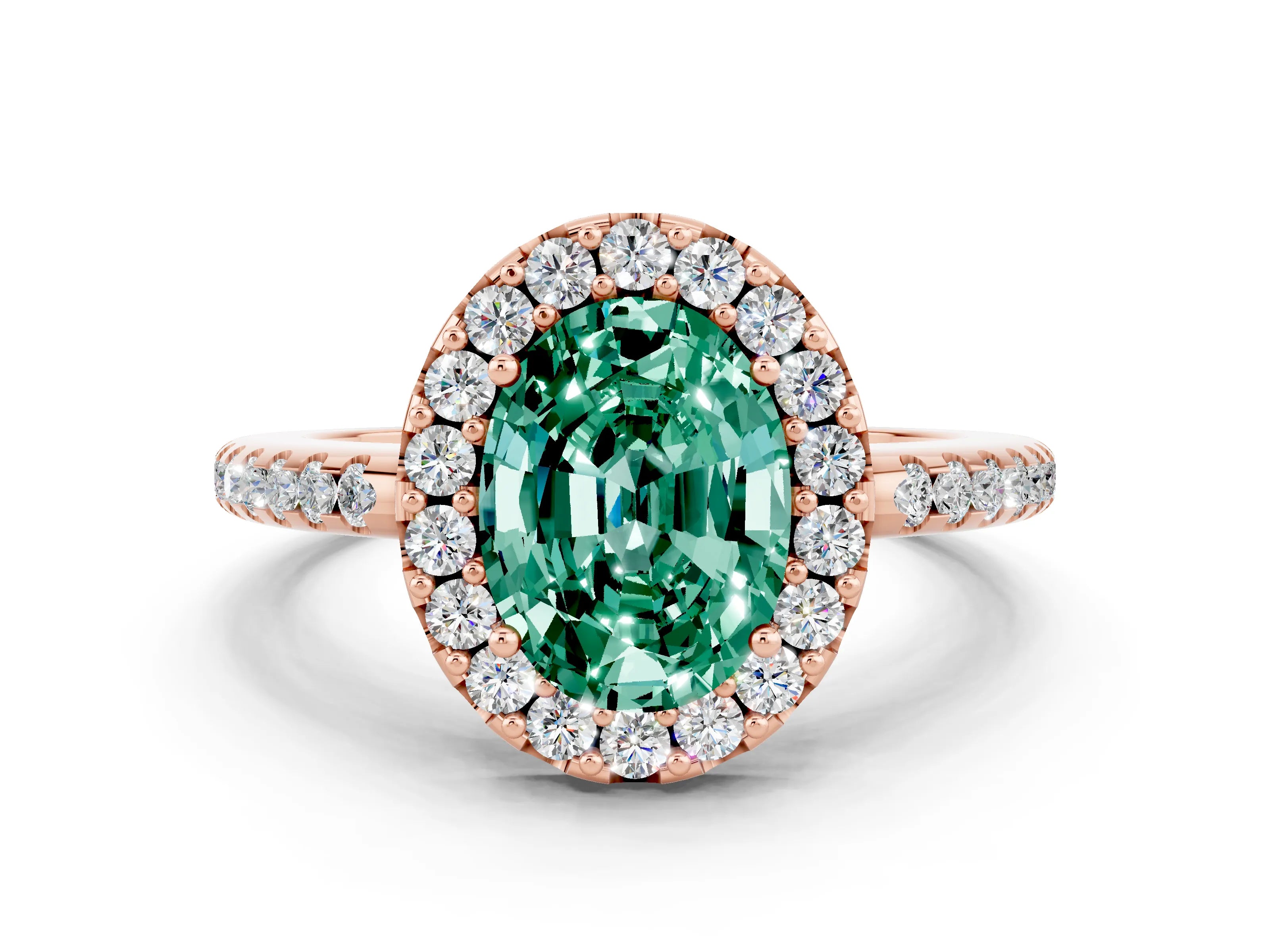Rose gold Oval Cut Green Sapphire Pavé Halo Ring with Four-Prong Setting_12