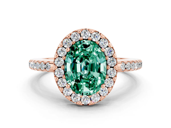 Rose gold Oval Cut Green Sapphire Pavé Halo Ring with Four-Prong Setting