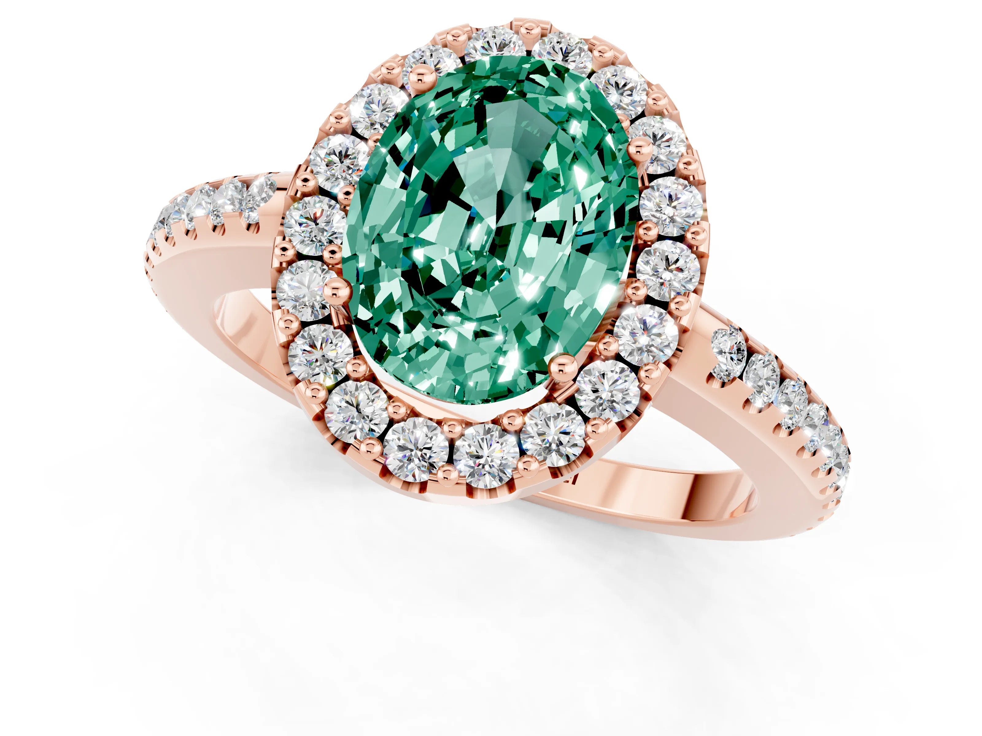 Rose gold Oval Cut Green Sapphire Pavé Halo Ring with Four-Prong Setting_13