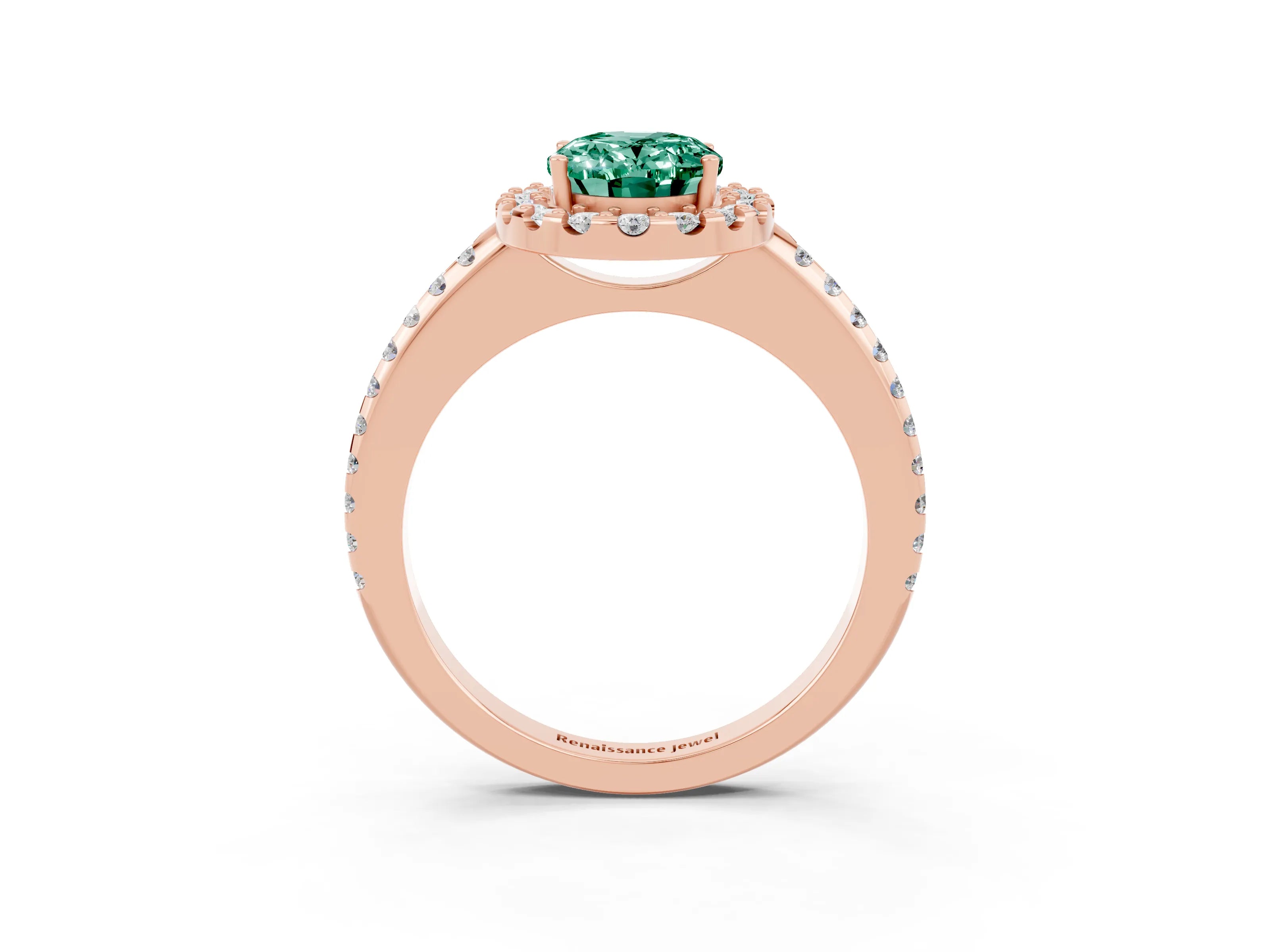 Rose gold Oval Cut Green Sapphire Pavé Halo Ring with Four-Prong Setting_15