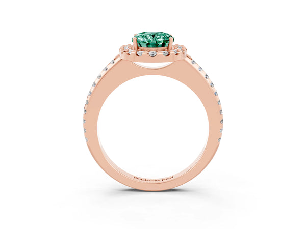 Rose gold Oval Cut Green Sapphire Pavé Halo Ring with Four-Prong Setting