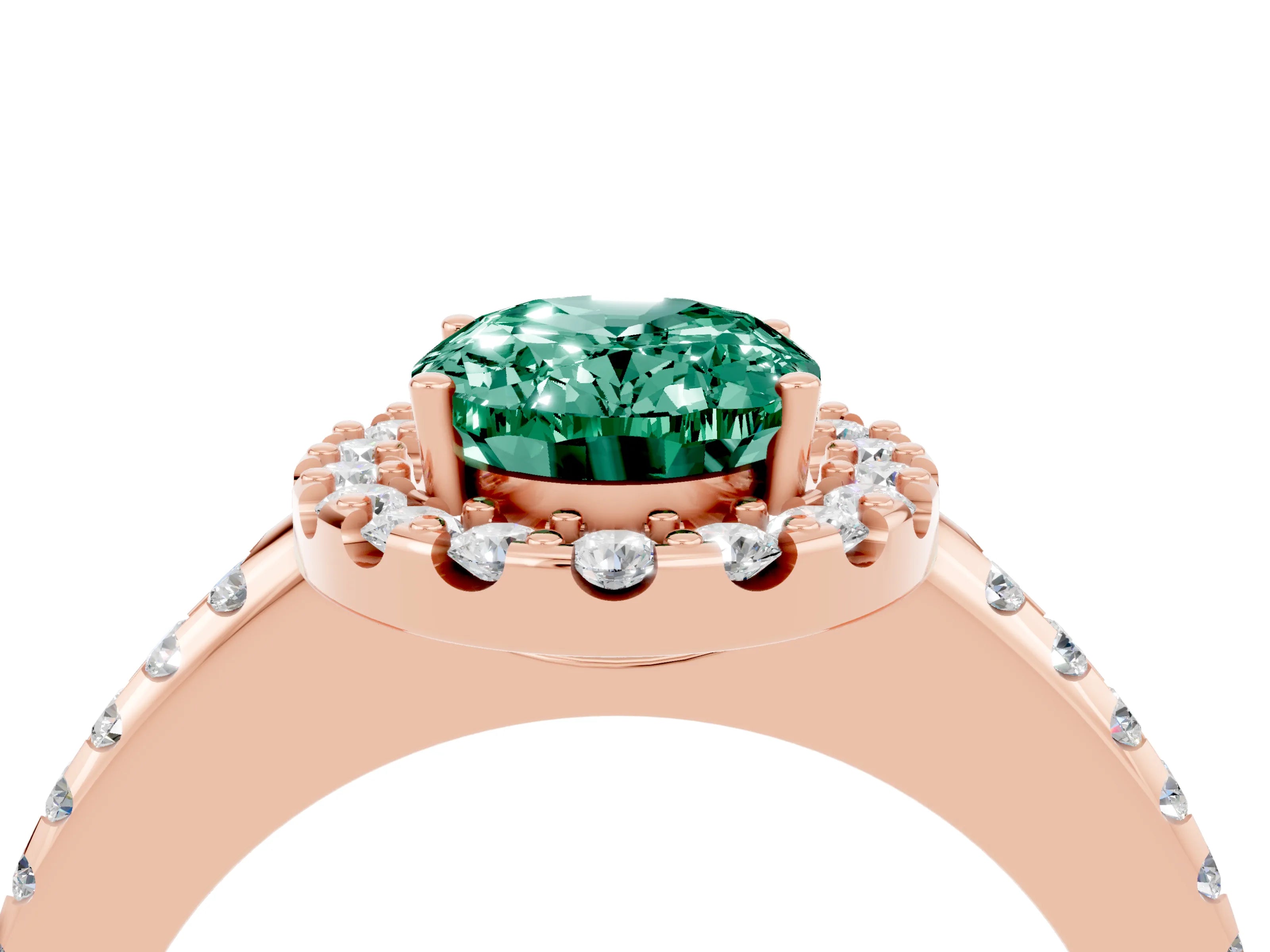 Rose gold Oval Cut Green Sapphire Pavé Halo Ring with Four-Prong Setting_16