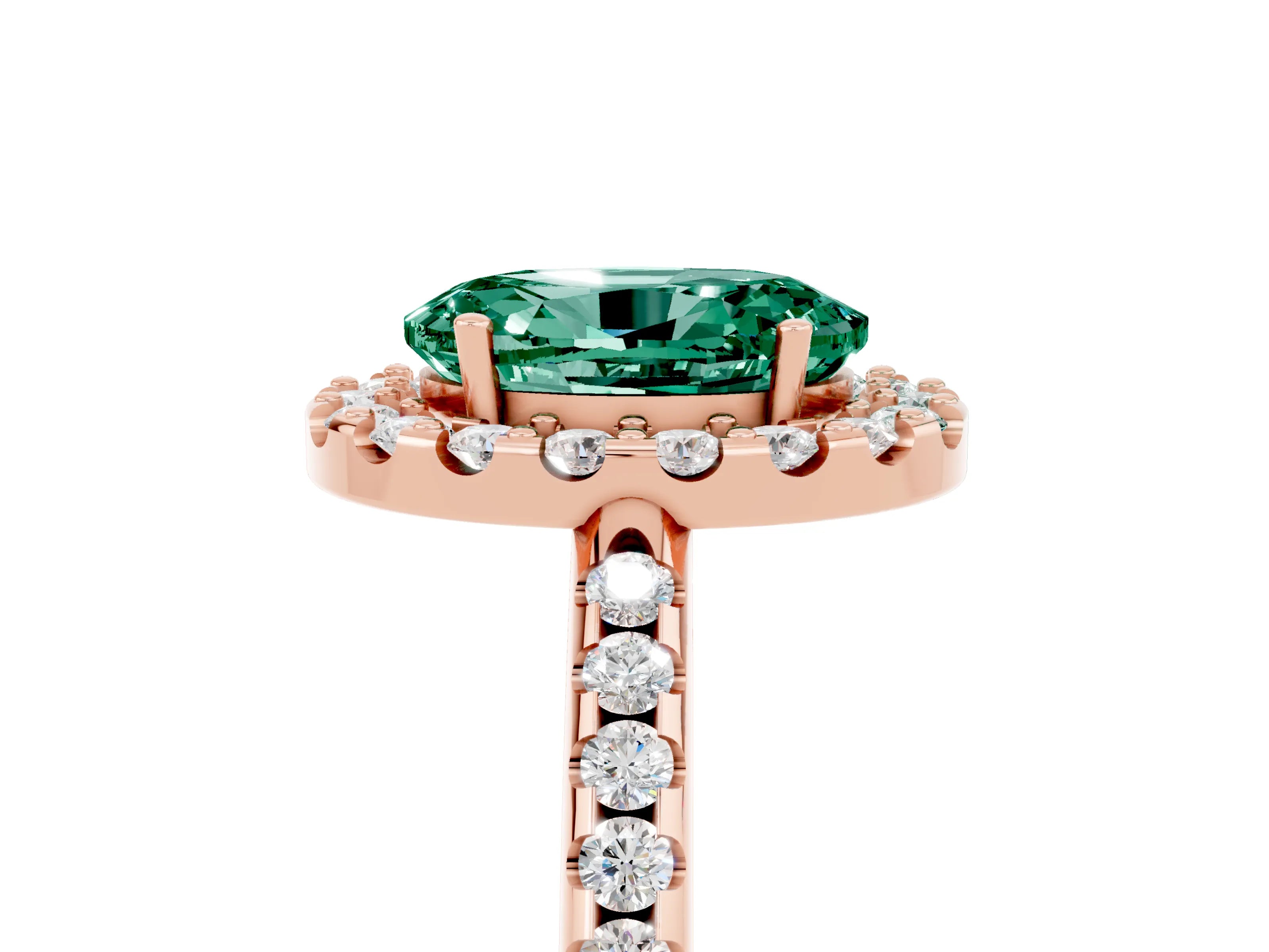 Rose gold Oval Cut Green Sapphire Pavé Halo Ring with Four-Prong Setting_17