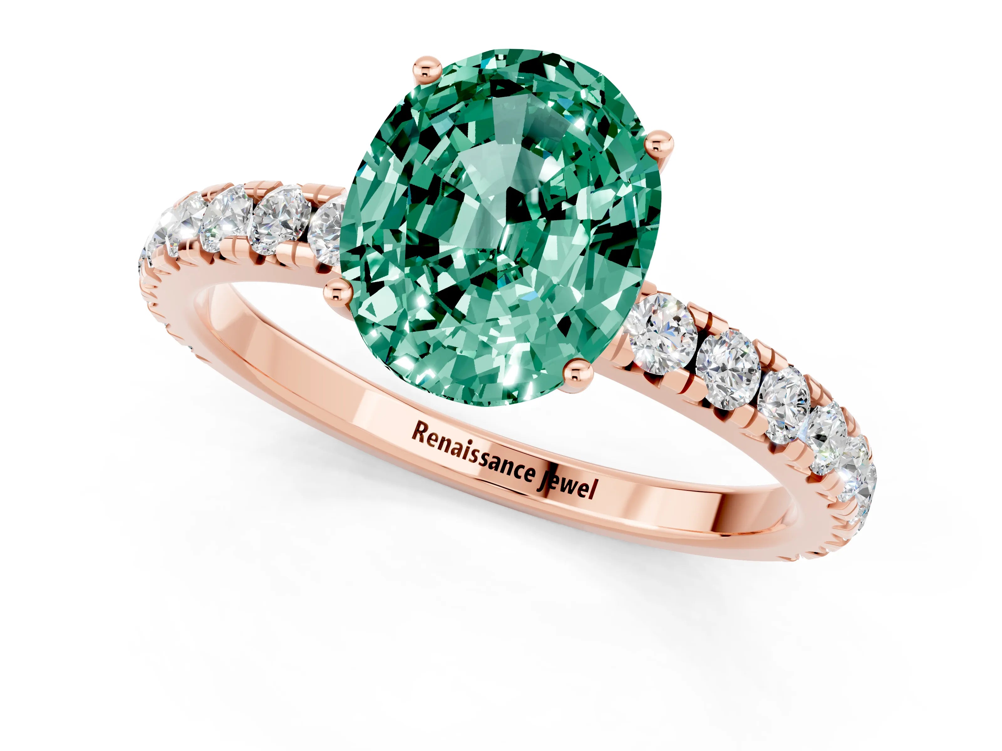 Rose gold Oval Cut Green Sapphire Pavé Solitaire Engagement Ring with Four-Prong Setting_13