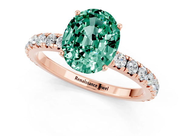 Rose gold Oval Cut Green Sapphire Pavé Solitaire Engagement Ring with Four-Prong Setting