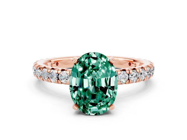 Rose gold Oval Cut Green Sapphire Pavé Solitaire Ring with Round Band and Prong Setting