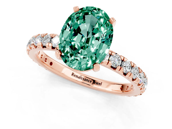 Rose gold Oval Cut Green Sapphire Pavé Solitaire Ring with Round Band and Prong Setting