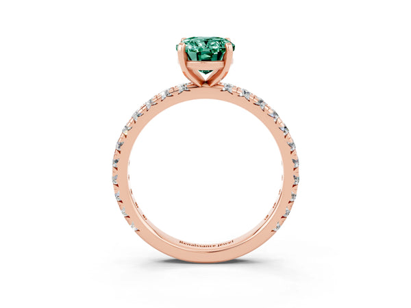 Rose gold Oval Cut Green Sapphire Pavé Solitaire Ring with Round Band and Prong Setting