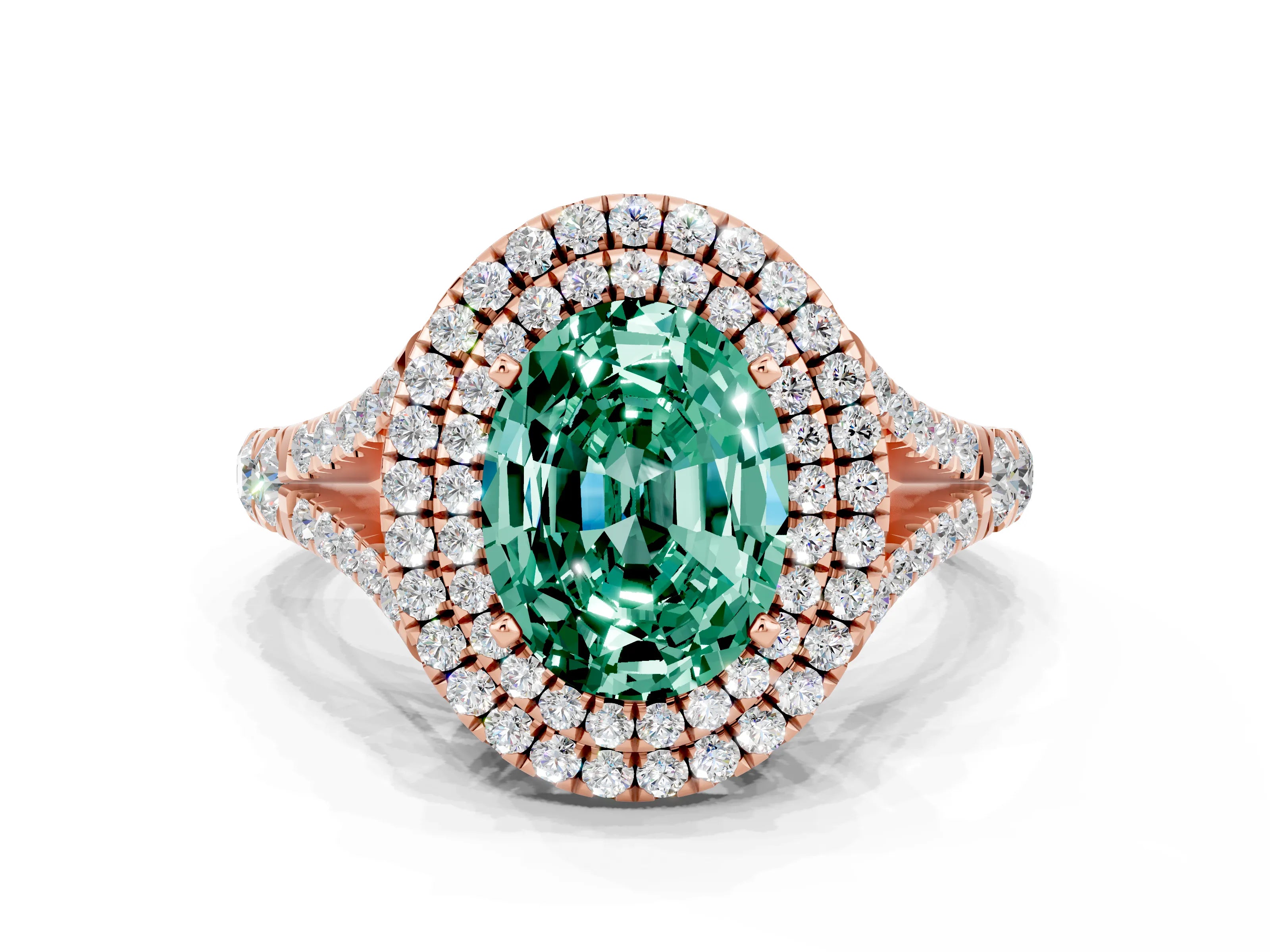 Rose gold Oval Cut Green Sapphire Pavé Split Shank Double Halo Engagement Ring