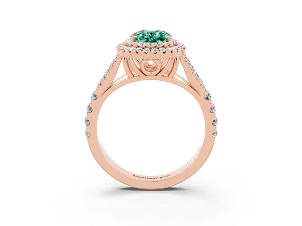Rose gold Oval Cut Green Sapphire Pavé Split Shank Double Halo Engagement Ring