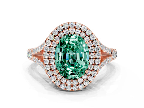 Rose gold Oval Cut Green Sapphire Pavé Split Shank Double Halo Engagement Ring