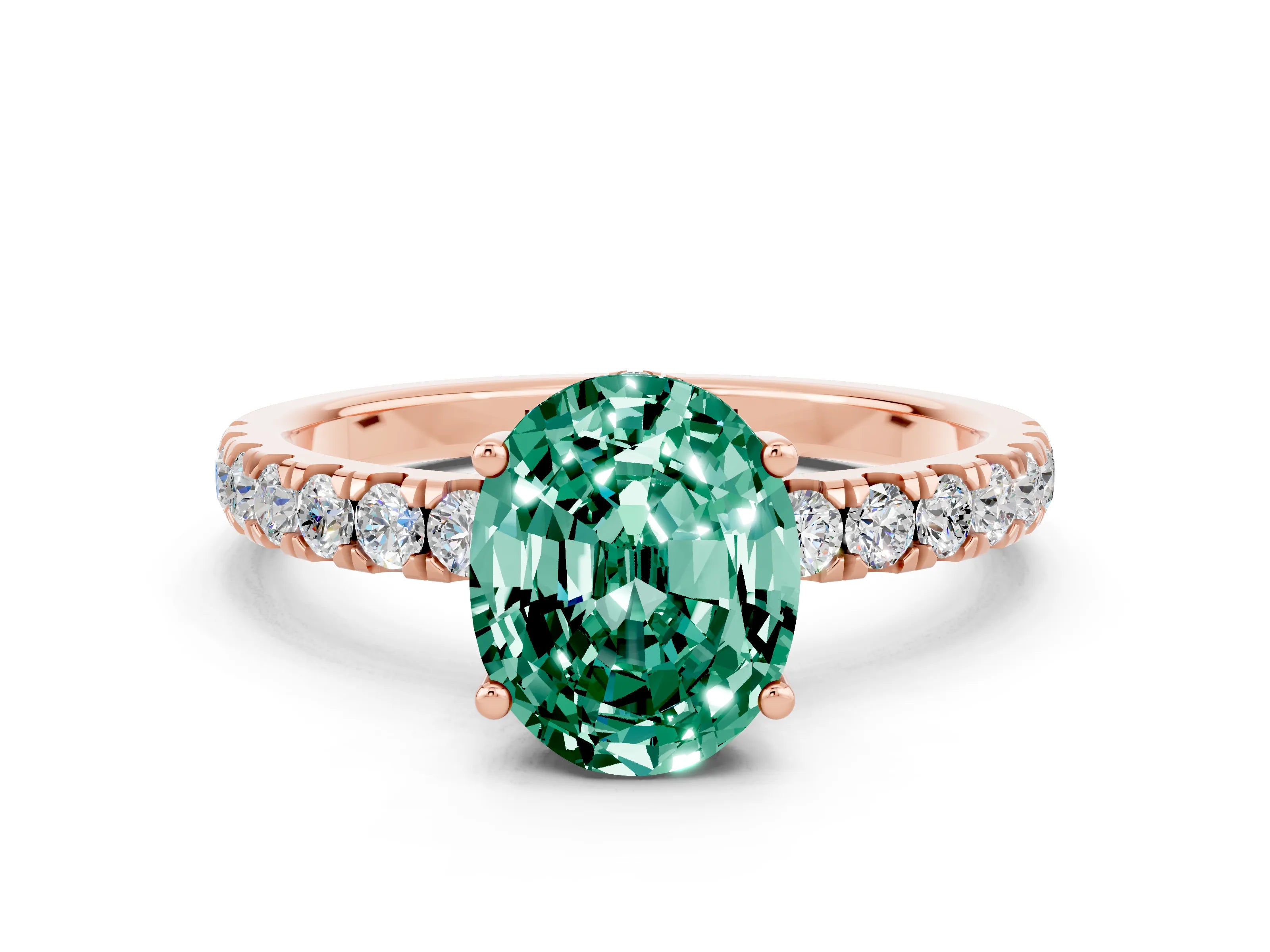 Rose gold Oval Cut Green Sapphire Pave Band Solitaire Ring with Four-Prong Setting_12