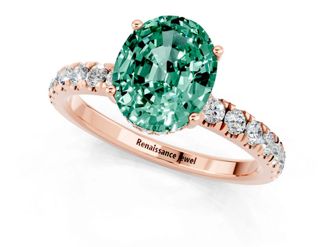 Rose gold Oval Cut Green Sapphire Pave Band Solitaire Ring with Four-Prong Setting_13