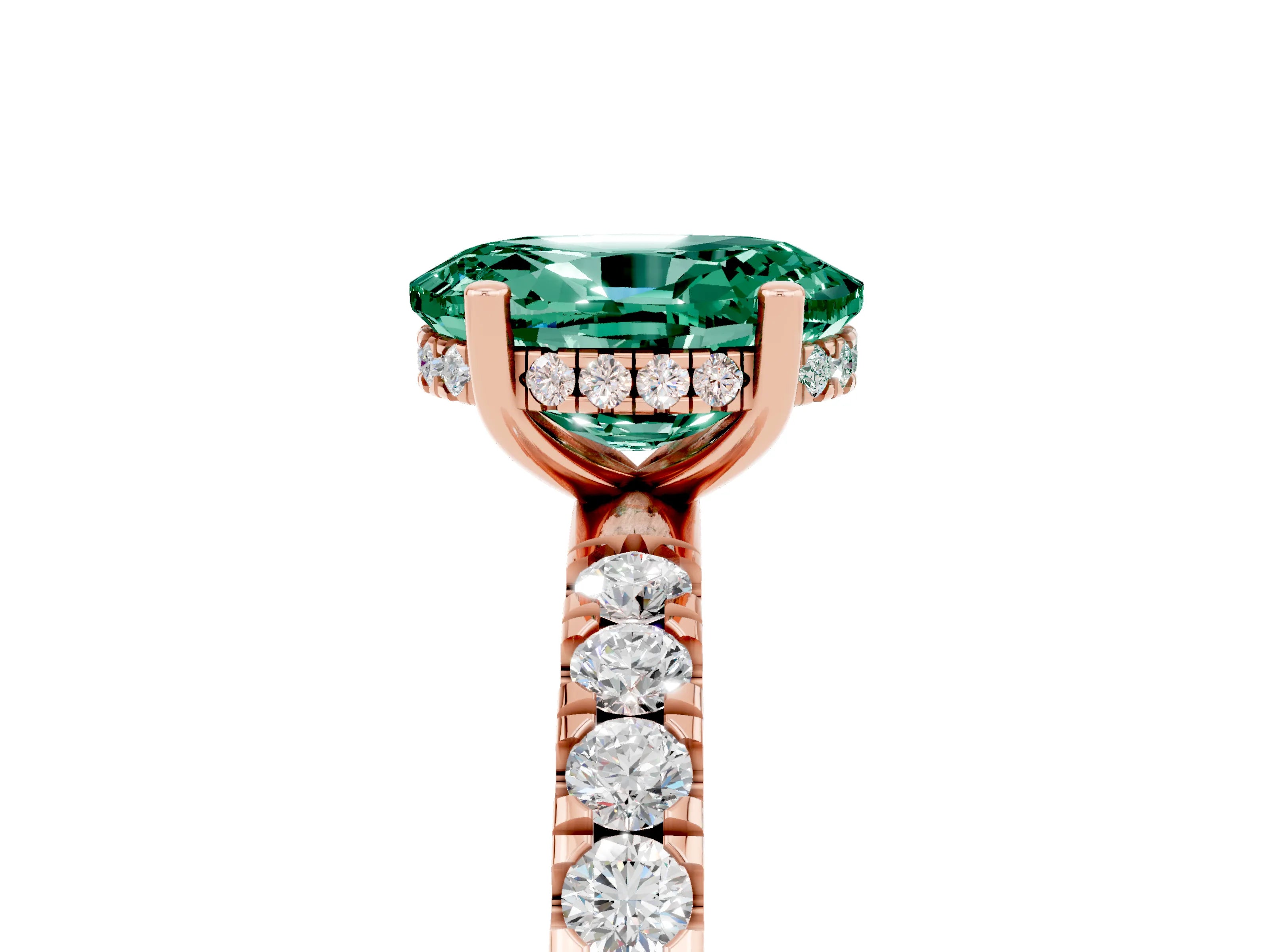 Rose gold Oval Cut Green Sapphire Pave Band Solitaire Ring with Four-Prong Setting_17
