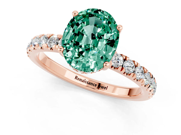 Rose gold Oval Cut Green Sapphire Pave Band Solitaire Ring with Round  and Prong Setting