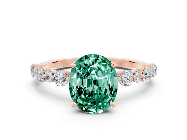 Rose gold Oval Cut Green Sapphire Prong Set Engagement Ring with Pavé Band