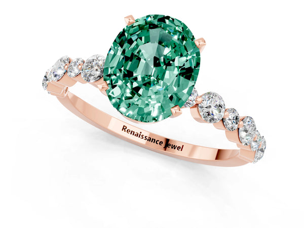 Rose gold Oval Cut Green Sapphire Prong Set Engagement Ring with Pavé Band