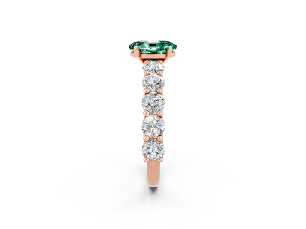 Rose gold Oval Cut Green Sapphire Prong Setting with Side Stones on a Pave Band