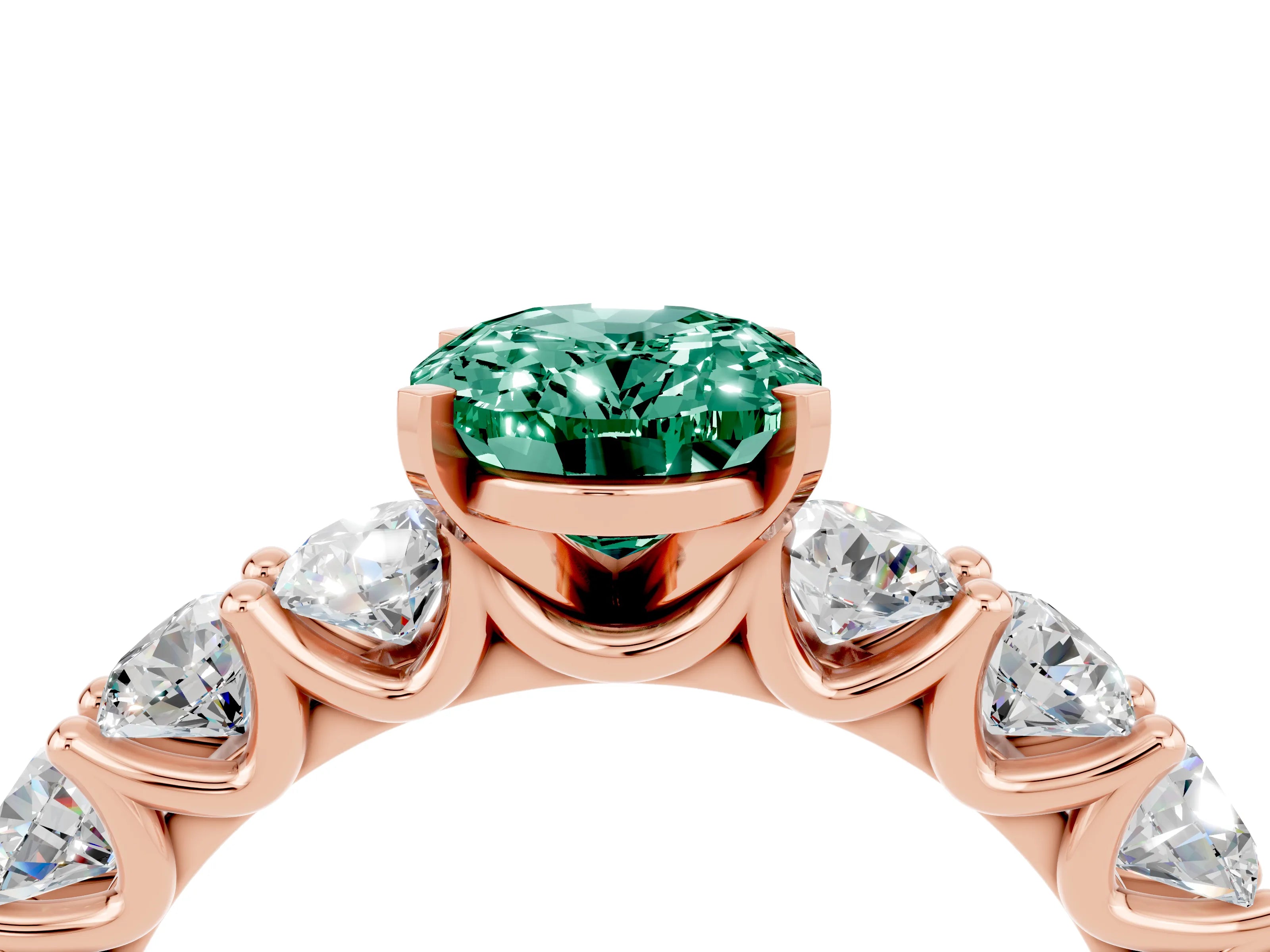 Rose gold Oval Cut Green Sapphire Prong Setting with Side Stones on a Pave Band_4