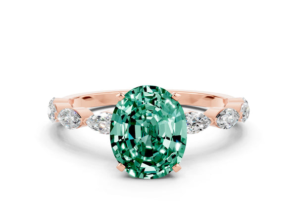 Rose gold Oval Cut Green Sapphire Ring with Marquise Side Stones and Prong Setting