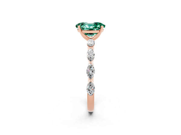 Rose gold Oval Cut Green Sapphire Ring with Marquise Side Stones and Prong Setting