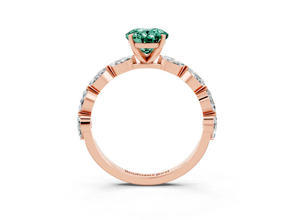 Rose gold Oval Cut Green Sapphire Ring with Marquise Side Stones and Prong Setting