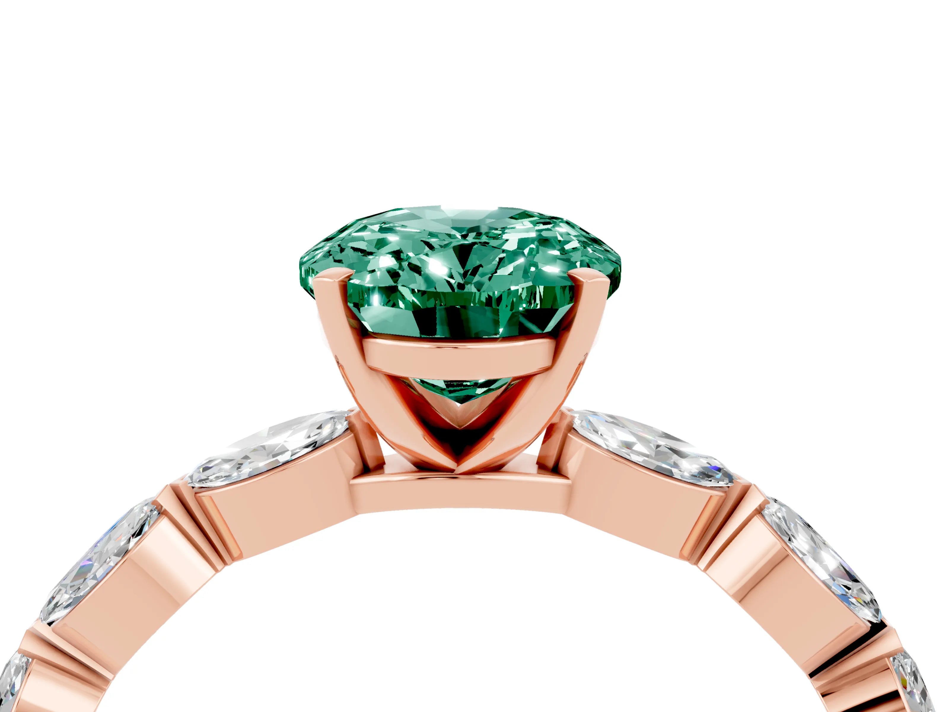 Rose gold Oval Cut Green Sapphire Ring with Marquise Side Stones and Prong Setting_4