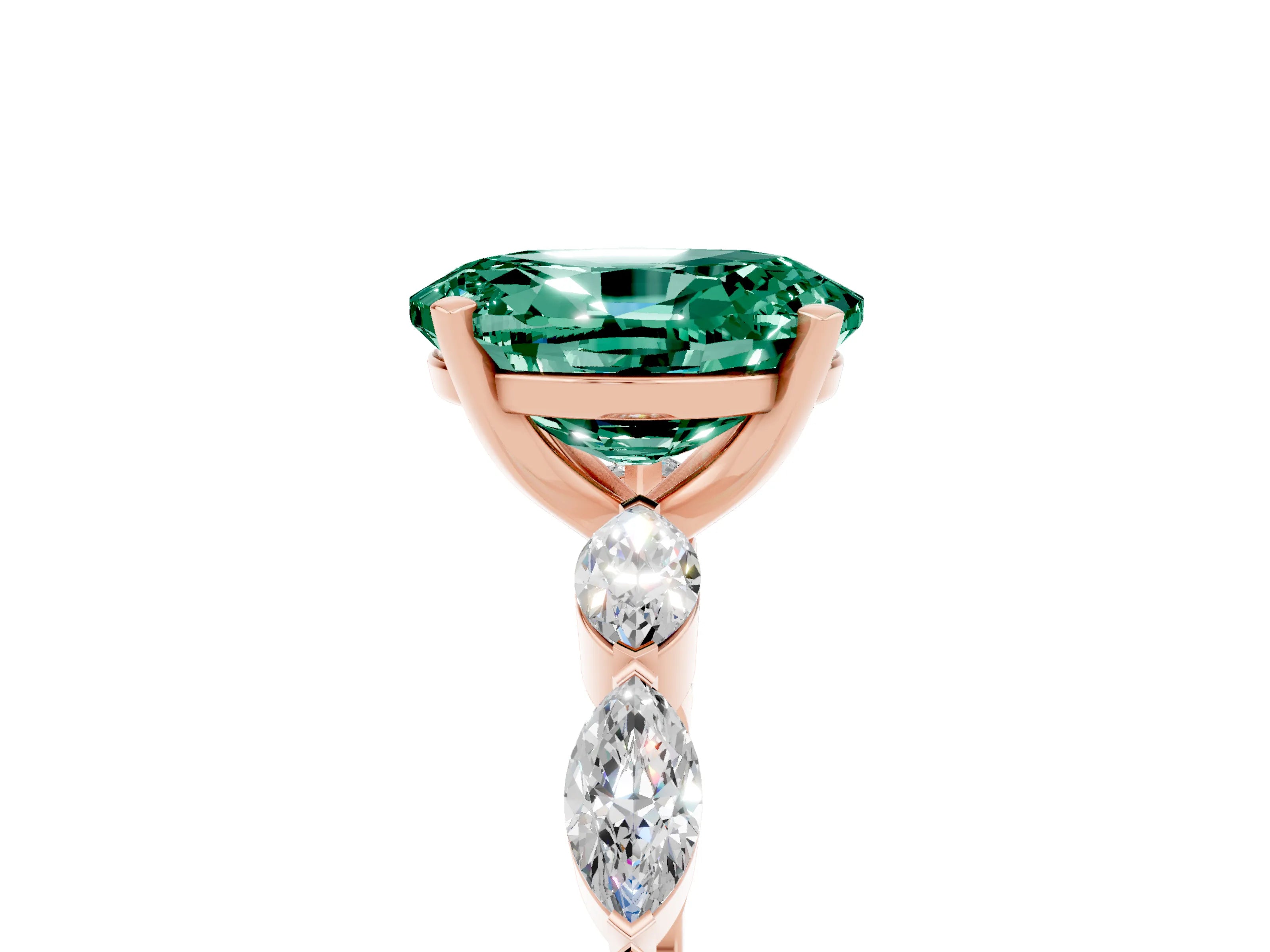 Rose gold Oval Cut Green Sapphire Ring with Marquise Side Stones and Prong Setting_5