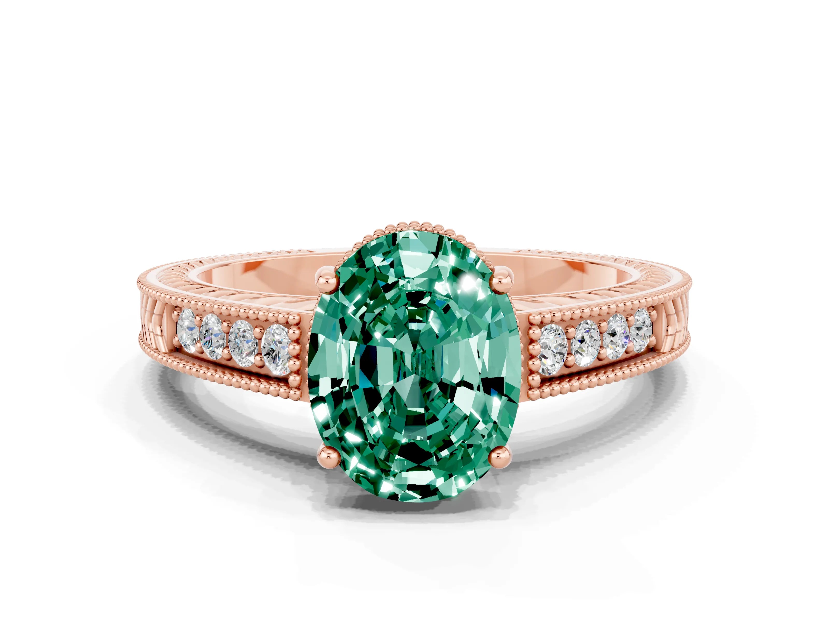 Rose gold Oval Cut Green Sapphire Ring with Milgrain Pavé Band and Four-Prong Setting_12