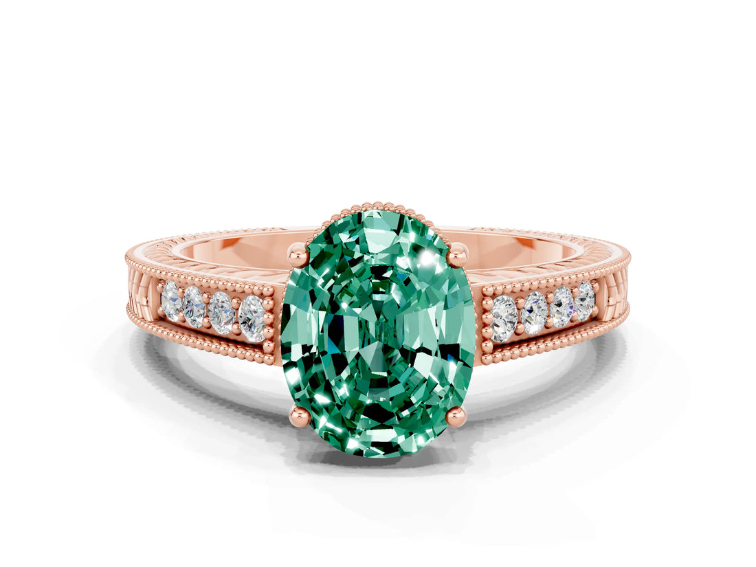 Rose gold Oval Cut Green Sapphire Ring with Milgrain Pavé Band and Four-Prong Setting_12