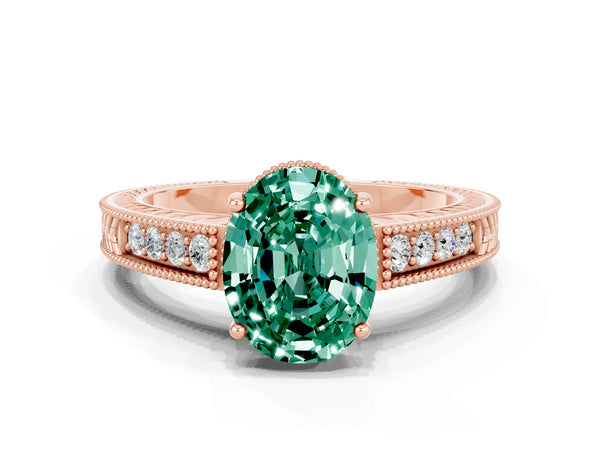 Rose gold Oval Cut Green Sapphire Ring with Milgrain Pavé Band and Four-Prong Setting