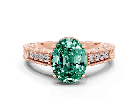 Rose gold Oval Cut Green Sapphire Ring with Milgrain Pavé Band and Four-Prong Setting_12