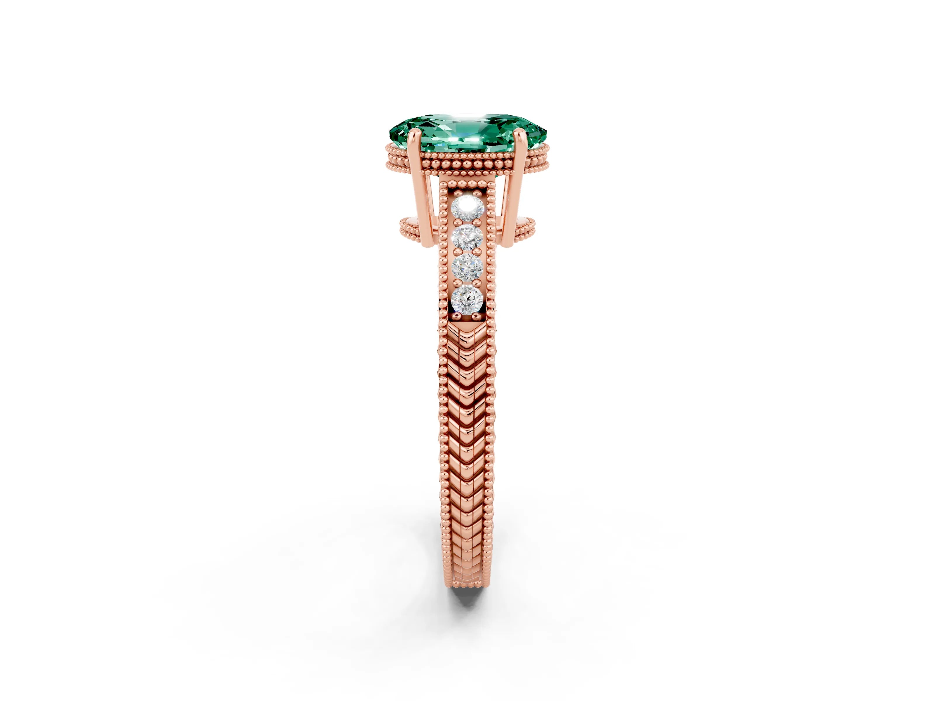 Rose gold Oval Cut Green Sapphire Ring with Milgrain Pavé Band and Four-Prong Setting_14
