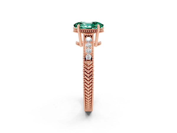 Rose gold Oval Cut Green Sapphire Ring with Milgrain Pavé Band and Four-Prong Setting