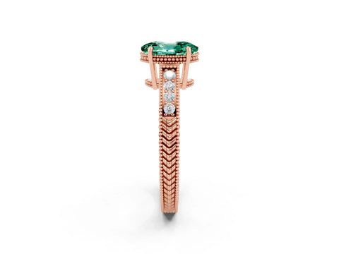 Rose gold Oval Cut Green Sapphire Ring with Milgrain Pavé Band and Four-Prong Setting_14