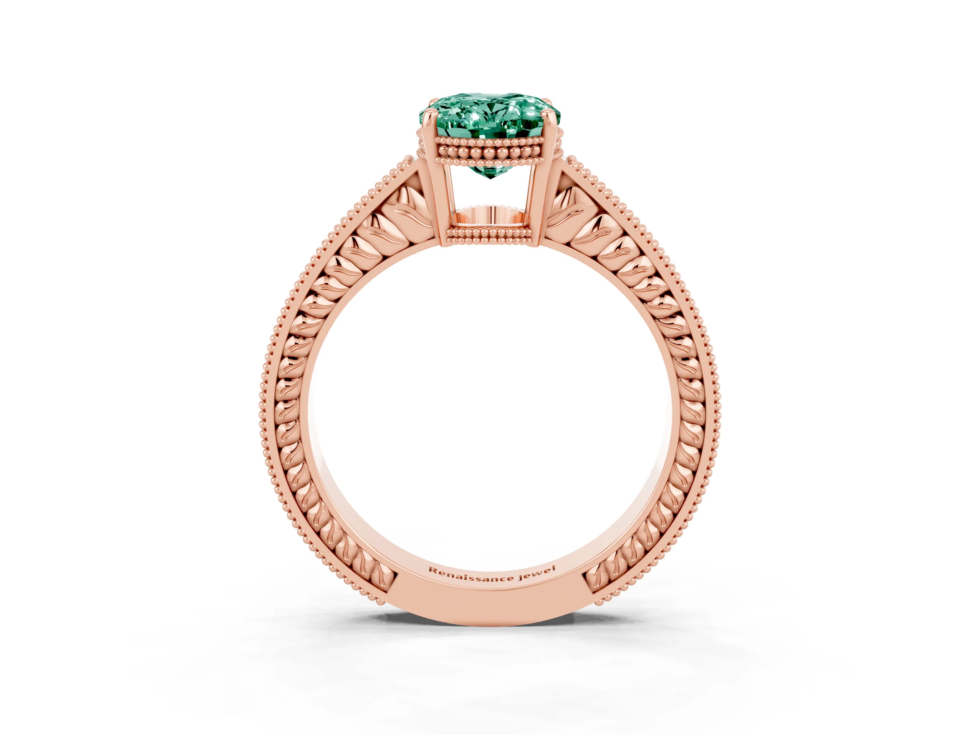 Rose gold Oval Cut Green Sapphire Ring with Milgrain Pavé Band and Four-Prong Setting_15