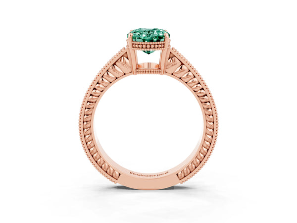 Rose gold Oval Cut Green Sapphire Ring with Milgrain Pavé Band and Four-Prong Setting