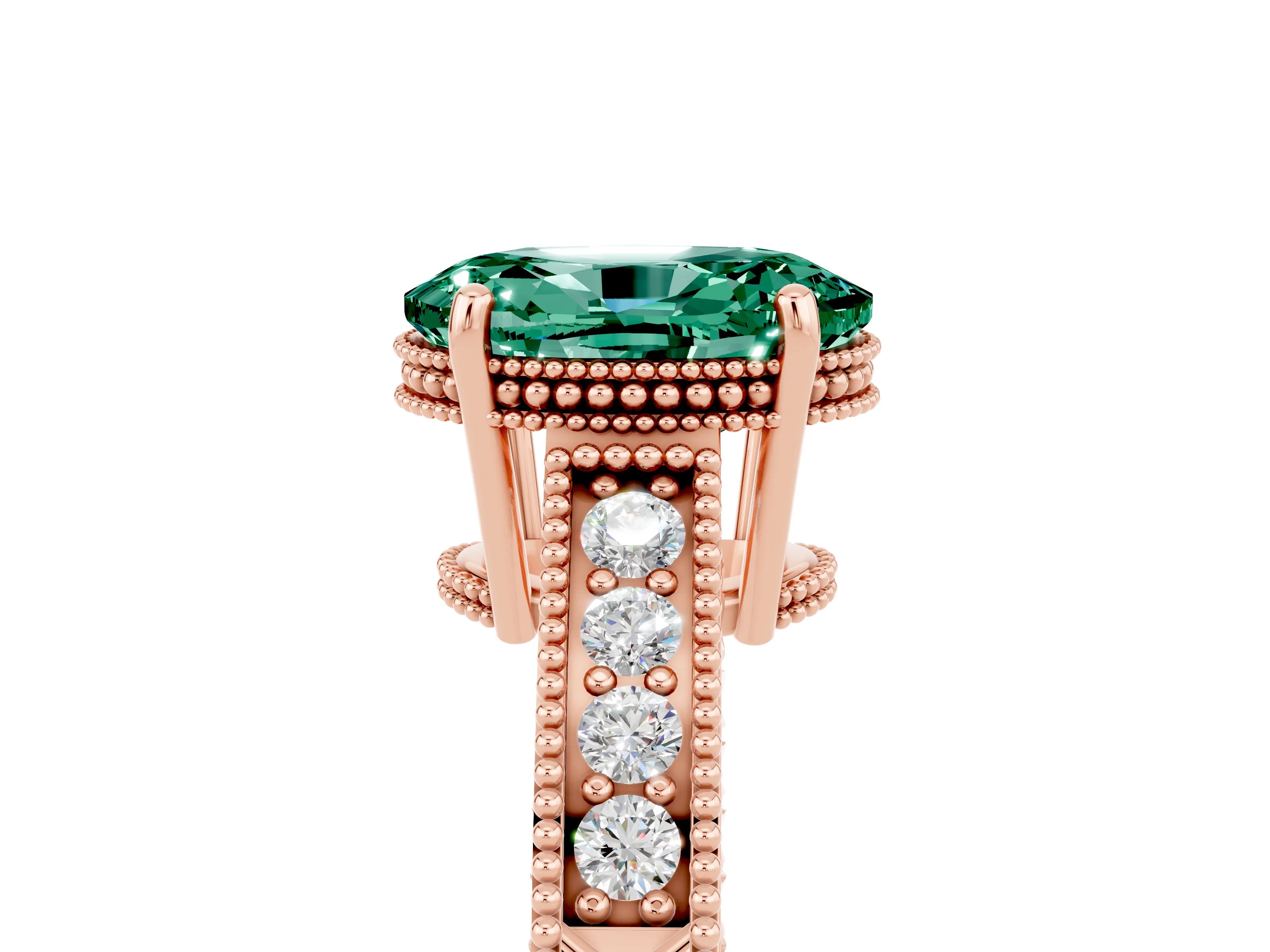 Rose gold Oval Cut Green Sapphire Ring with Milgrain Pavé Band and Four-Prong Setting_17