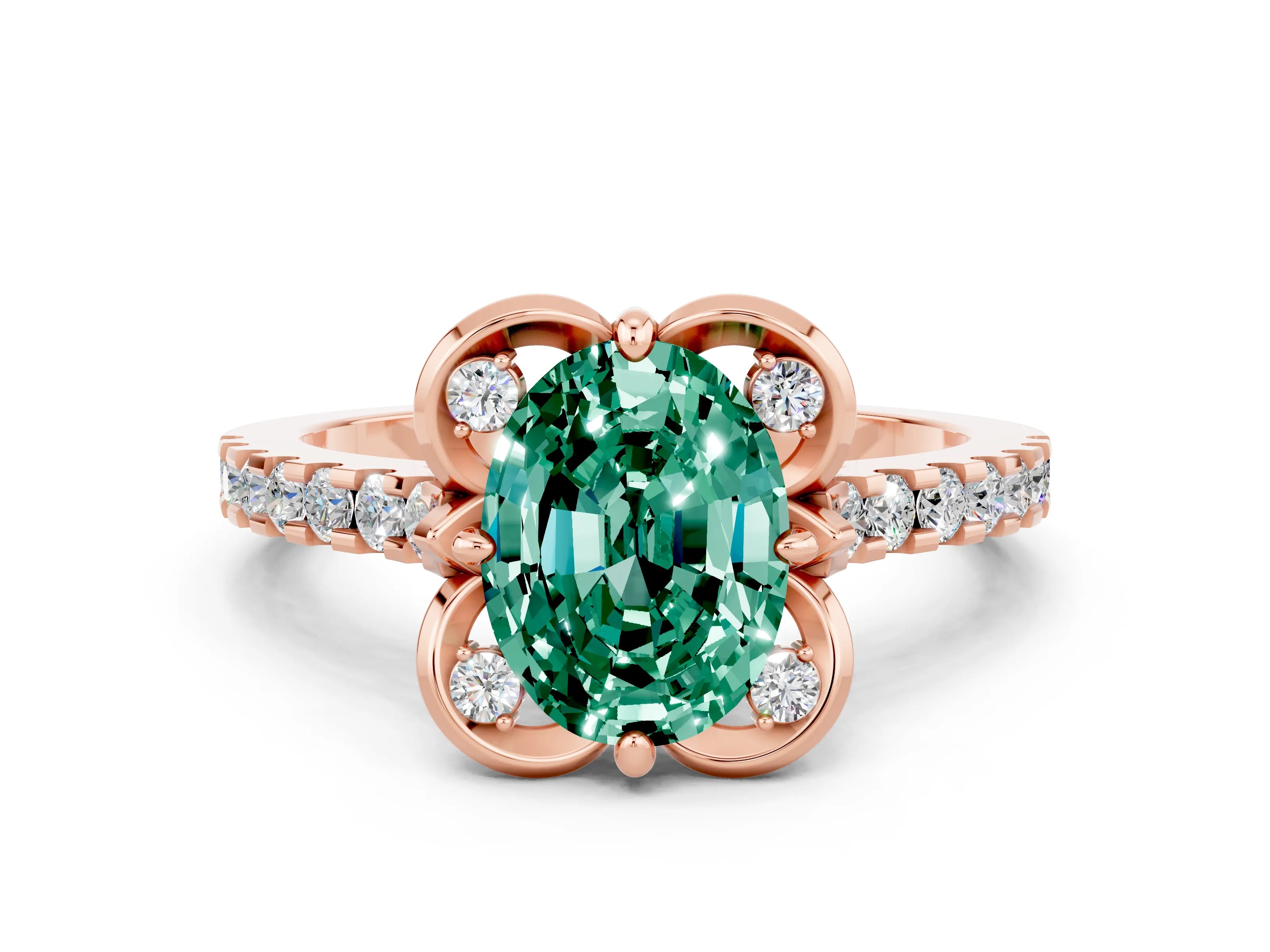 Rose gold Oval Cut Green Sapphire Ring with Pavé Band and Floral Prong Setting