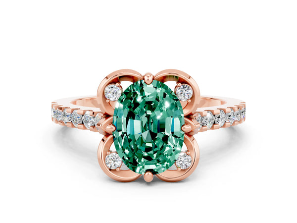 Rose gold Oval Cut Green Sapphire Ring with Pavé Band and Floral Prong Setting