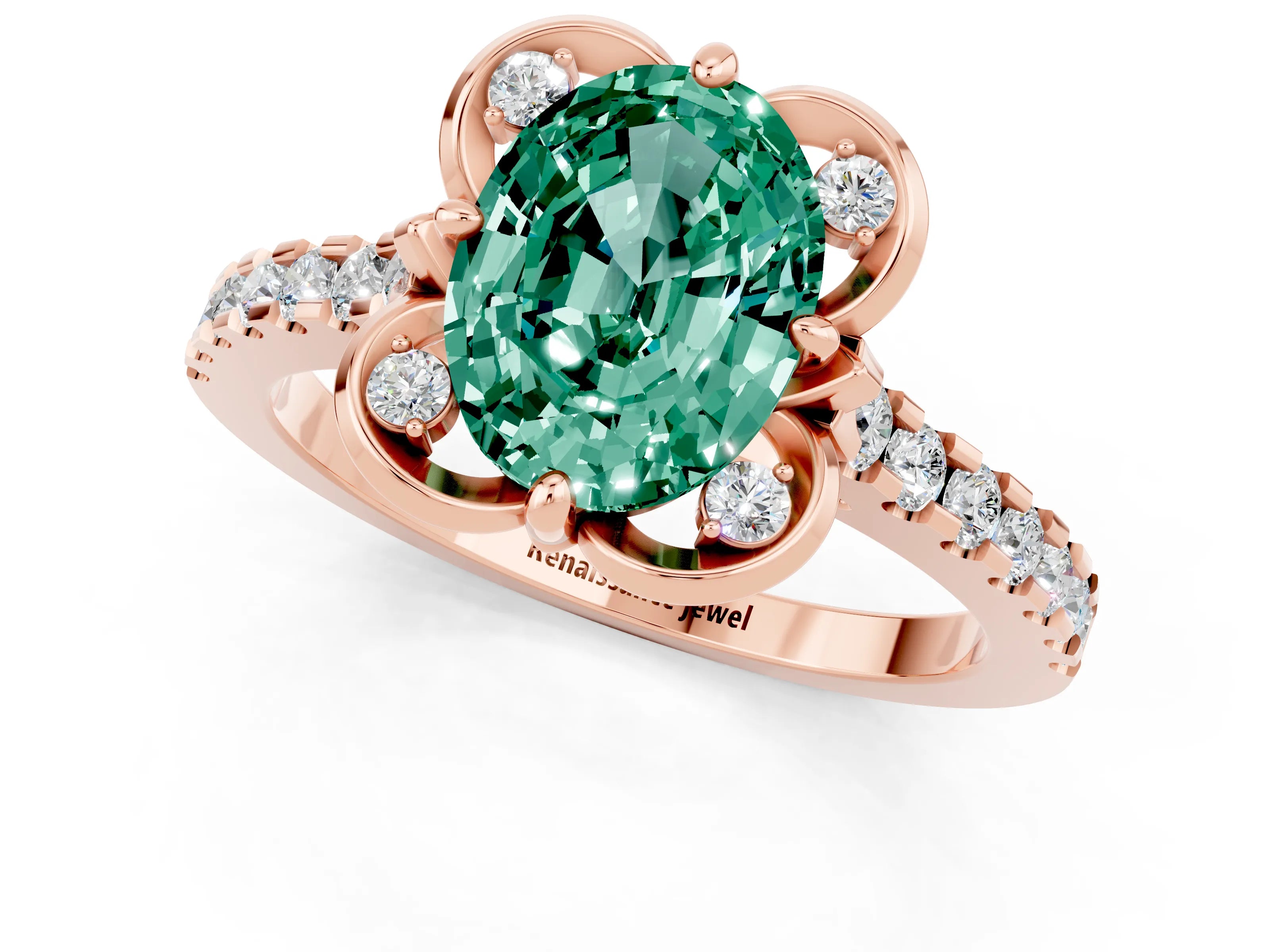 Rose gold Oval Cut Green Sapphire Ring with Pavé Band and Floral Prong Setting_1
